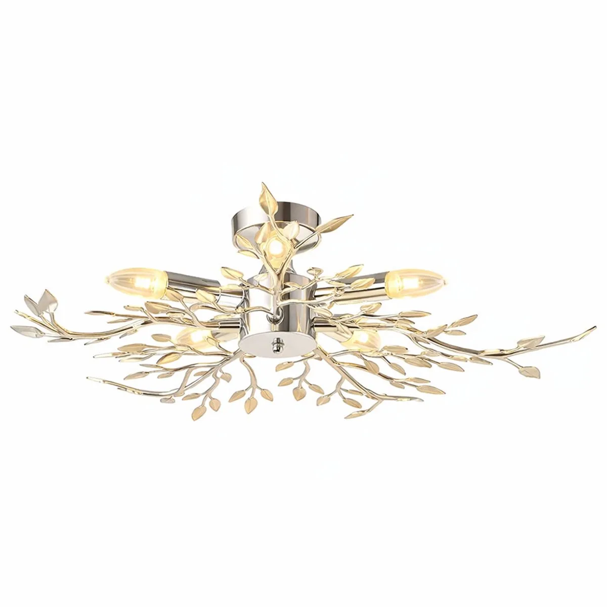 Plafondlamp Bladlamp rond woonkamer chroom Plafondlamp, metalen acryl bladeren, fitting 5x E14, DxH 71x16 cm de Globo en Argent – photo produit