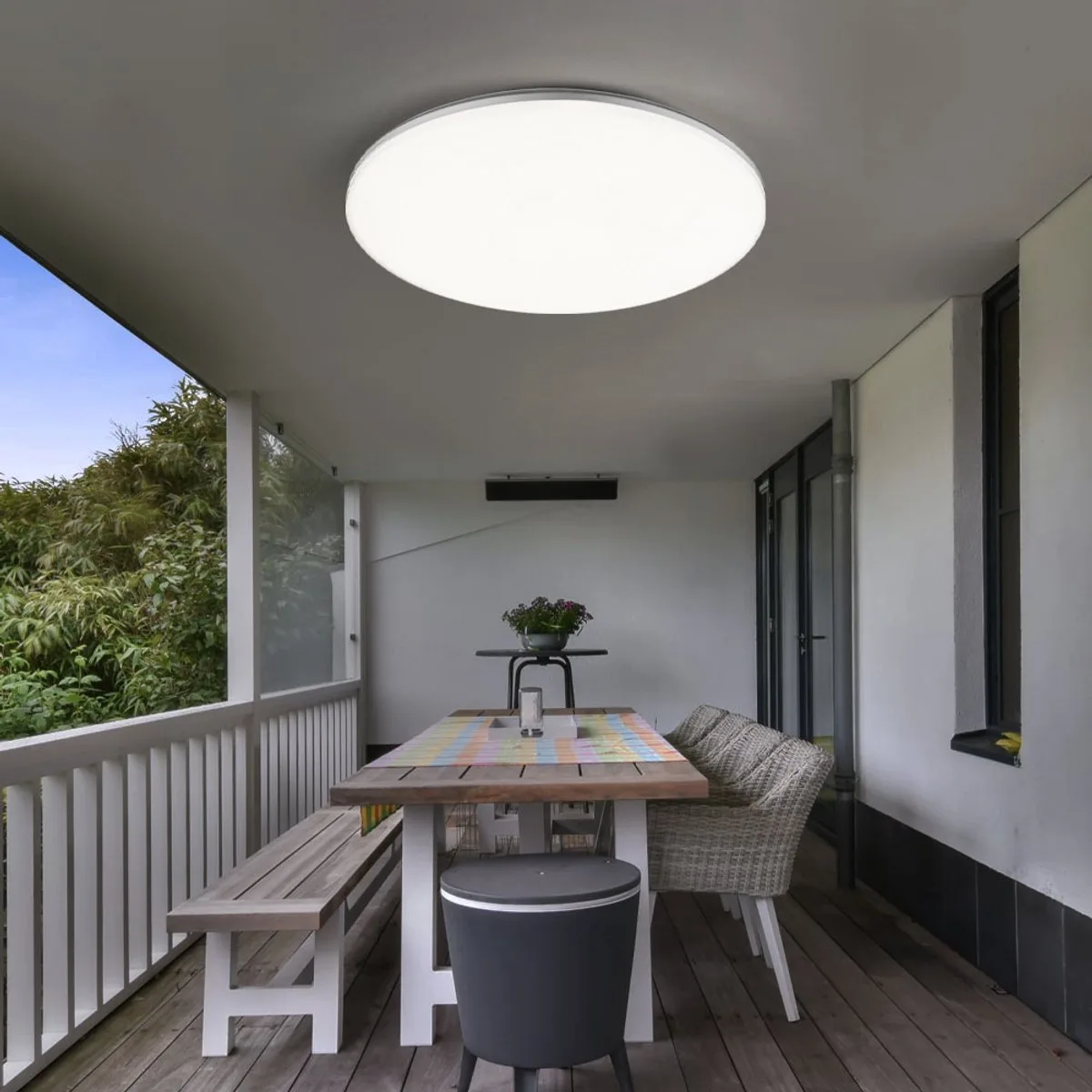 Plafondlamp buitenlamp tuin balkon rond wit zilver IP54, kunststof, 1x LED warm wit, DxH 33x5,6 cm von Globo in Weiß – Produktfoto