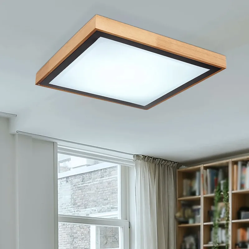Plafondlamp CCT slaapkamer landelijke stijl hout licht, hout look metaal zwart opaal, 1x LED 24W 1020Lm 3000K, 4500K, 6000K, HxLxB 9x39x39cm de Globo en Marron – photo produit
