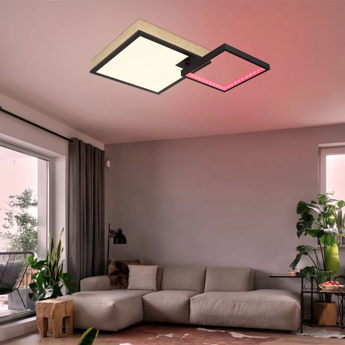 Plafondlamp Designlamp Houten lamp Woonkamerlamp, Regenboog effect dimbaar Afstandsbediening verplaatsbaar CCT, LED 21W 1000Lm warm wit-koud wit, LxBxH 60x41x10cm de Globo en Noir – photo produit