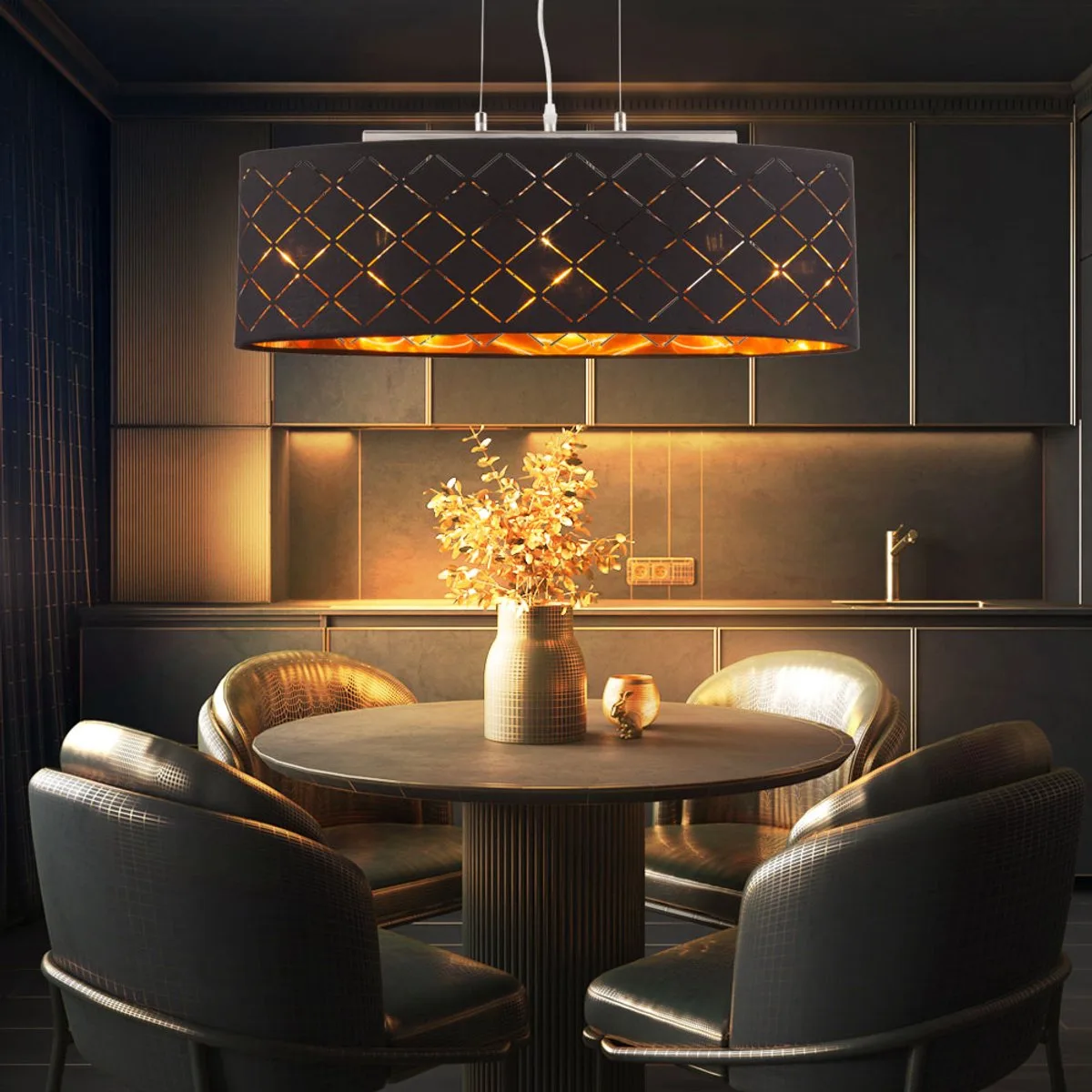 Plafondlamp eetkamer hangend zwart woonkamer hanglamp eettafel, 3 vlammen gestanst, metaal textiel, 3x LED 7W 806Lm 2700K, LxBxH 65x25x140 cm fra Globo i Guld – produktbillede