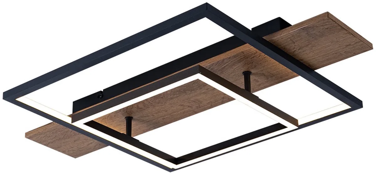Plafondlamp eetkamer memoryfunctie 3 niveaus houtlook LED met houtlook, aluminium metaal zwart, 1x LED 24W 1100Lm warm wit, LxBxH 60x40x10 cm de Globo en Marron – photo produit