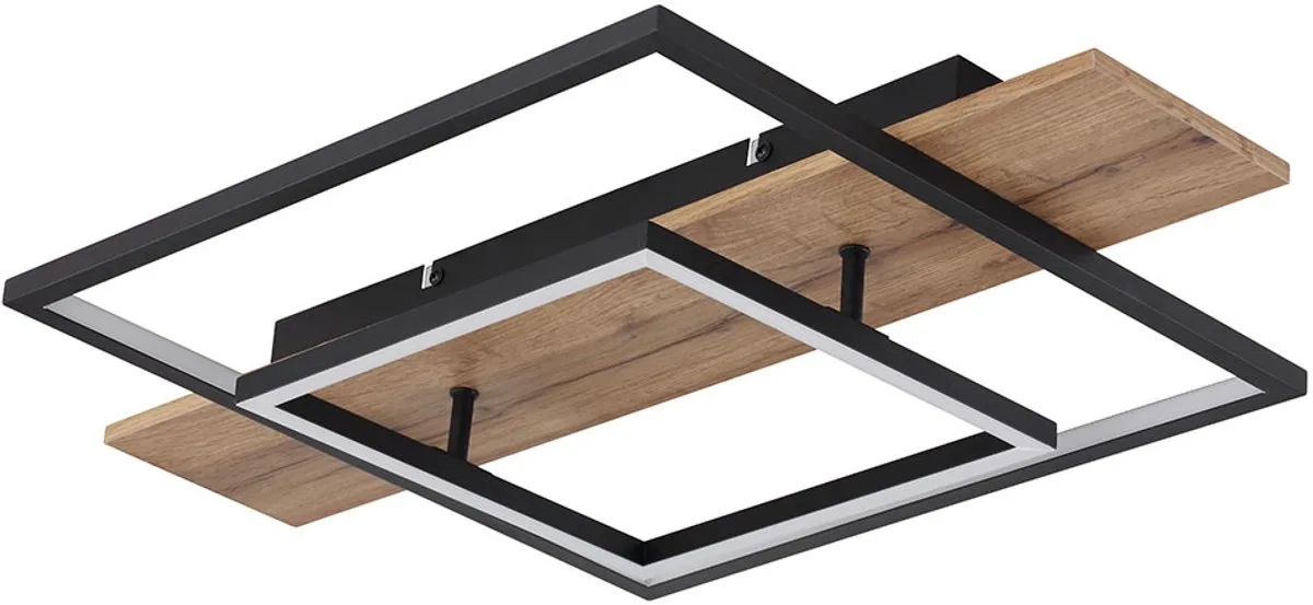 Plafondlamp eetkamer memoryfunctie 3 niveaus houtlook LED met houtlook, aluminium metaal zwart, 1x LED 24W 1100Lm warm wit, LxBxH 60x40x10 cm de Globo en Marron – photo produit