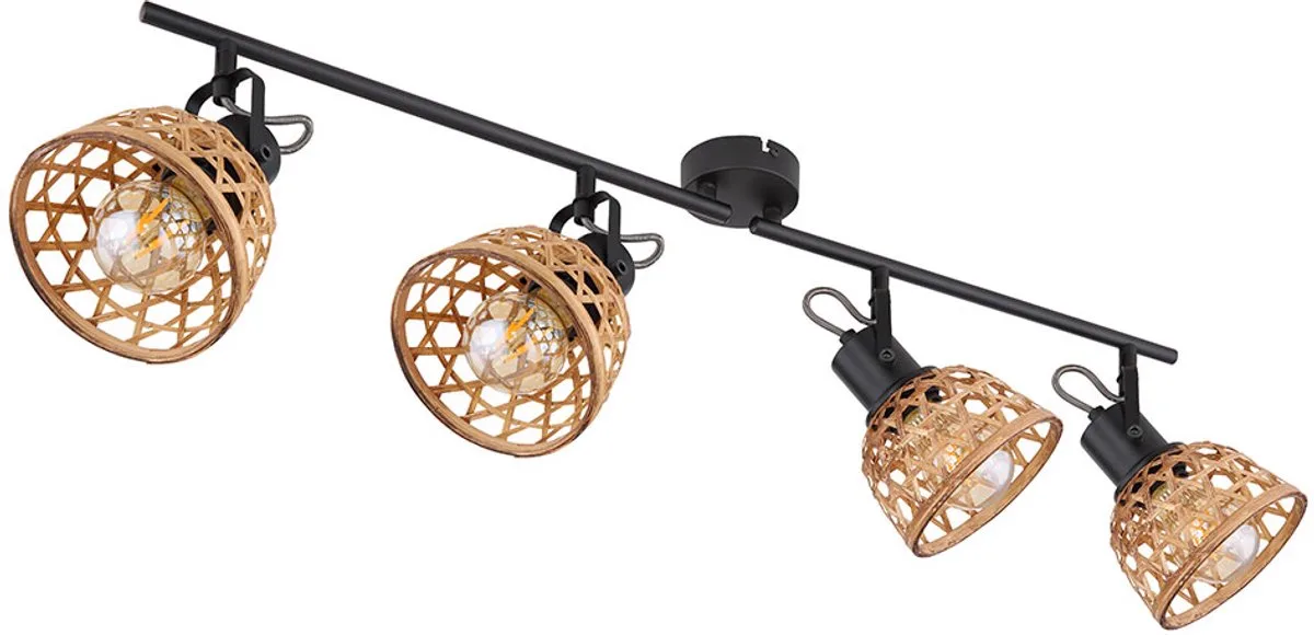 Plafondlamp Eetkamer plafondlamp Bamboe vlechtwerk plafondlampen van hout met verstelbare spots, metaal, 4x E27 fitting, LxBxD 80x13x19 cm de Globo en Noir – photo produit