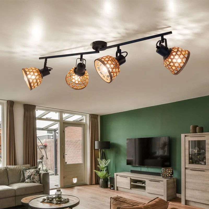Plafondlamp Eetkamer plafondlamp Bamboe vlechtwerk plafondlampen van hout met verstelbare spots, zwart metaal, 4x E27 fitting, LxBxD 80x13x19 cm de Globo en Marron – photo produit
