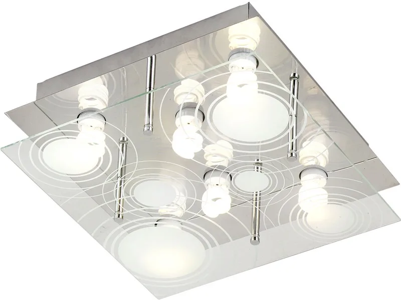 Plafondlamp Eetkamerlamp Woonkamerlamp, 6 vlammen, metaal gesatineerd glas helder, LED 9W 420Lm warm wit, LxBxH 33x33x12.5cm von Globo in Silber – Produktfoto