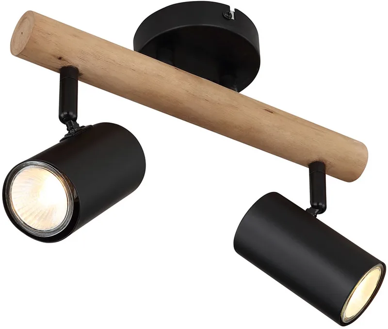 Plafondlamp Eetkamerlamp Woonkamerlamp Plafondspot, hout metaal beweegbare spots, GU10, 2 vlammen, L 30 cm von Globo in Schwarz – Produktfoto