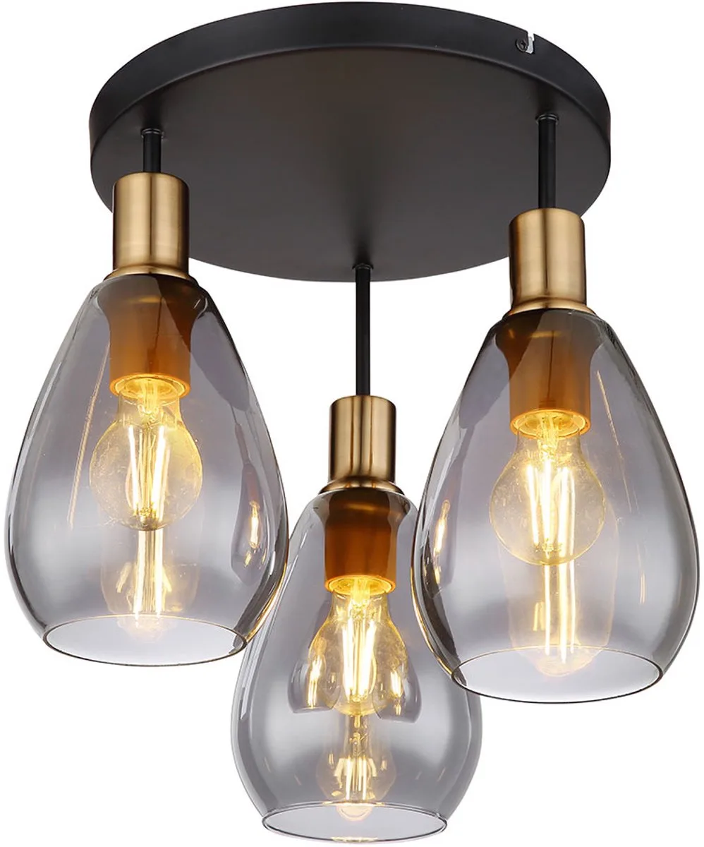 Plafondlamp eettafel plafondlamp woonkamerlamp, 3 vlammen retro, rookglas metaal zwart messing, stopcontacten 3x E27 DxH 38x38 cm von Globo in Grau – Produktfoto