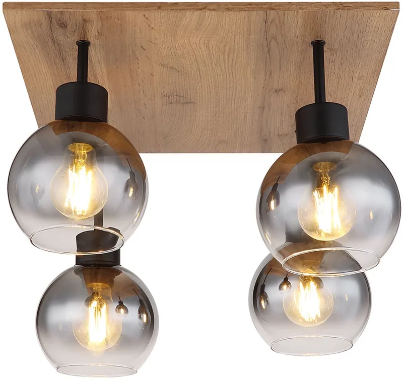 Plafondlamp eettafel retro plafondlamp rustiek landhuis woonkamer hout, MDF glas gerookt metaal, 4 vlammen E27, LxBxH 40x40x33,5cm von Globo in Braun – Produktfoto