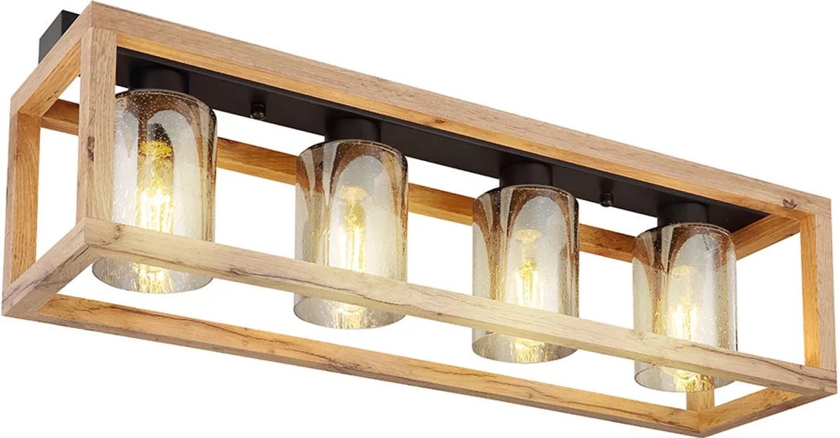 Plafondlamp eettafel retro plafondlamp rustiek landhuis woonkamer hout, MDF glas gerookt metaal, 4 vlammen E27, LxBxH 75x20x22,5 cm von Globo in Braun – Produktfoto