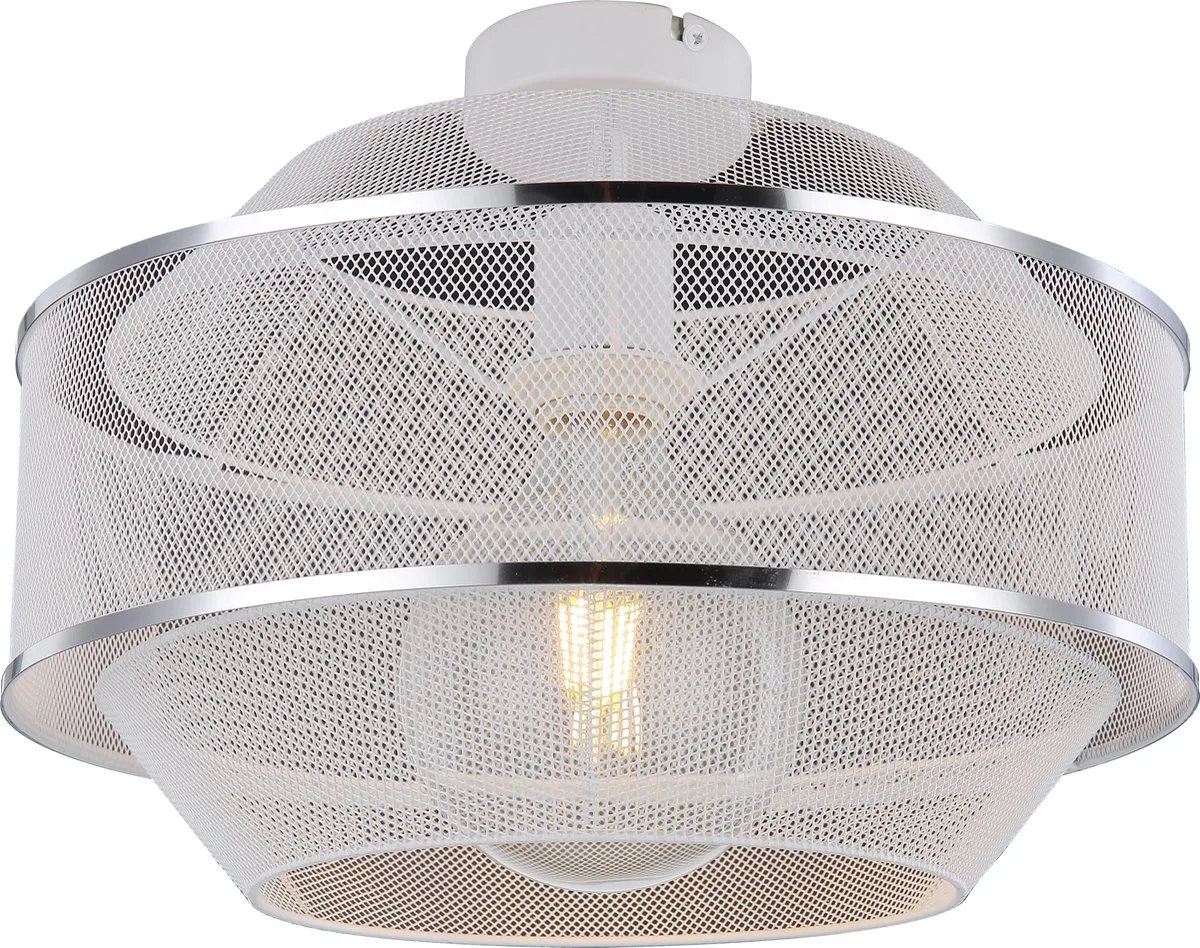 Plafondlamp gaas eetkamer design lamp plafondlamp 1 vlam met twee chromen ringen in raster look, metalen kooi 1x E27 fitting, DxH 27,5x12x21,5 cm de Globo en Blanc – photo produit