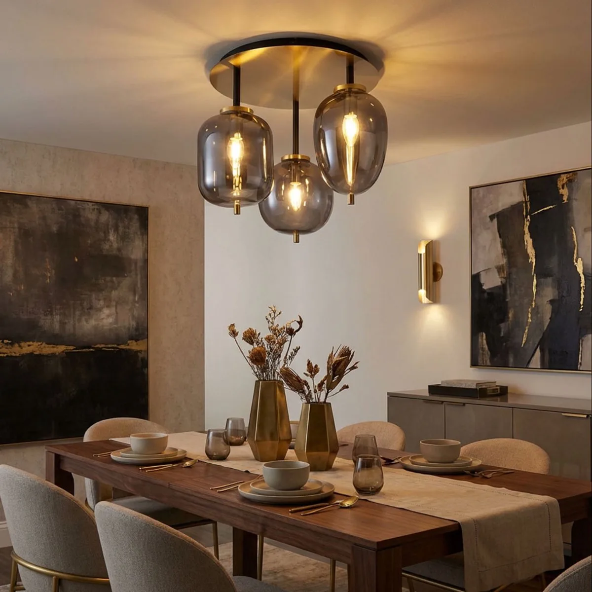 Plafondlamp glas 3 vlam lampenkap plafondlamp glas woonkamerlamp messing, metaal glas messing gekleurd, 3x E14 fitting, DxH 46x36 cm de Globo en Gris – photo produit