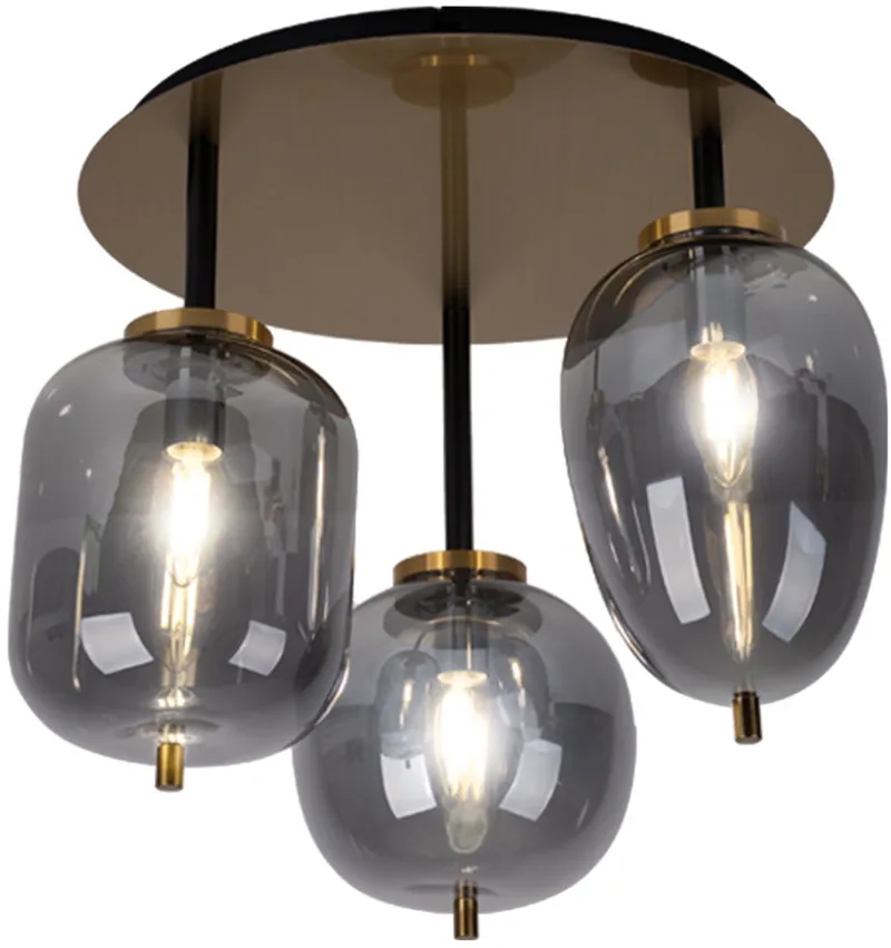 Plafondlamp glas plafondlamp 3 vlammen lampenkap glas woonkamerlamp messing, metaal glas messingkleurig, 3x E14 fitting, DxH 46x36 cm de Globo en Gris – photo produit