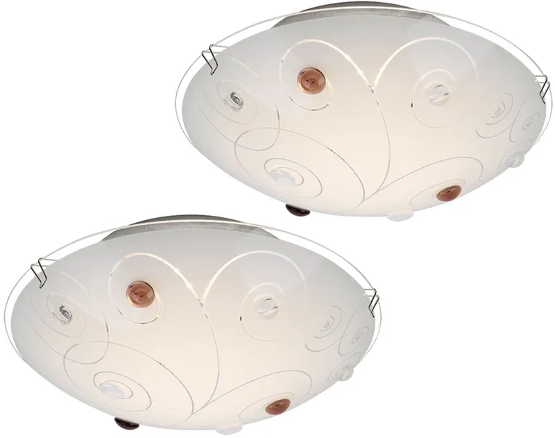 Plafondlamp glazen kap plafondlamp 1-vlam woonkamerverlichting opaal met decoratieve stenen, metalen chromen lijnen, 1x LED 8 Watt 640 lm, D 25cm, set van 2 de Globo en Blanc – photo produit