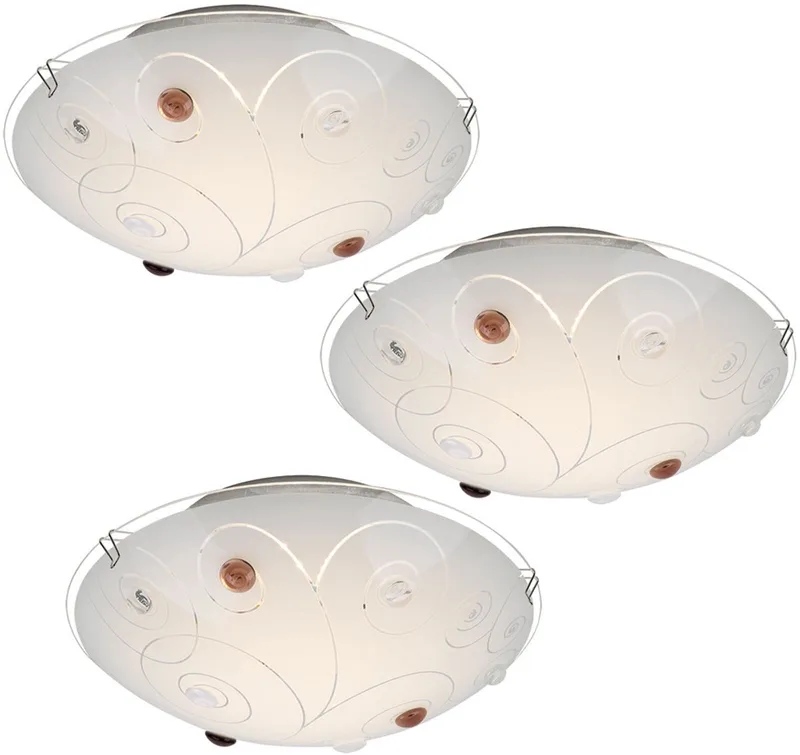Plafondlamp glazen kap plafondlamp 1-vlam woonkamerverlichting opaal met decoratieve stenen, metalen chromen lijnen, 1x LED 8 watt 640 lm, set van 3 von Globo in Weiß – Produktfoto
