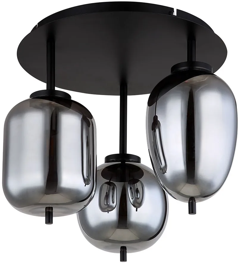 Plafondlamp glazen lamp 3 vlammen glazen kap rookkleurige plafondlamp rond zwart woonkamerlamp, metaal glas, zwart, 3x E14 stopcontacten, DxH 46x36 cm van Globo in Zwart – productfoto