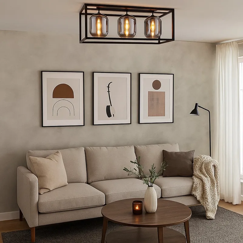 Plafondlamp glazen lamp 3 vlammen glazen kap rookkleurige plafondlamp rond zwart woonkamerlamp, metaal glas, zwart, 3x E14, LxH 77x32,5 cm de Globo en Noir – photo produit