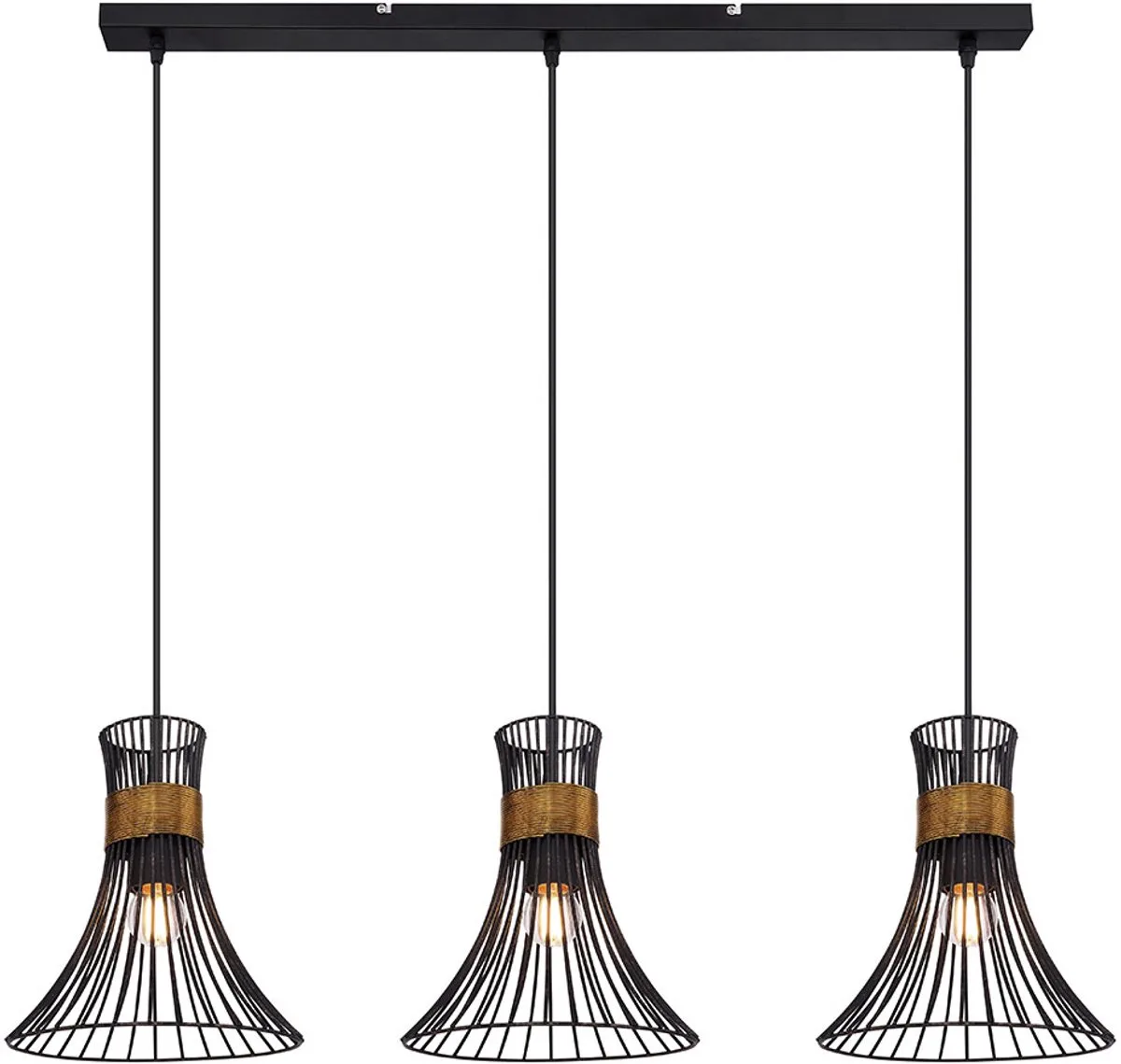 Plafondlamp hanglamp met rooster lampenkappen 3 vlammen hanglamp in zwart-goud, metaal, 3x E27, LxBXH 80x22x120cm, woonkamer eetkamer slaapkamer von Globo in Schwarz – Produktfoto