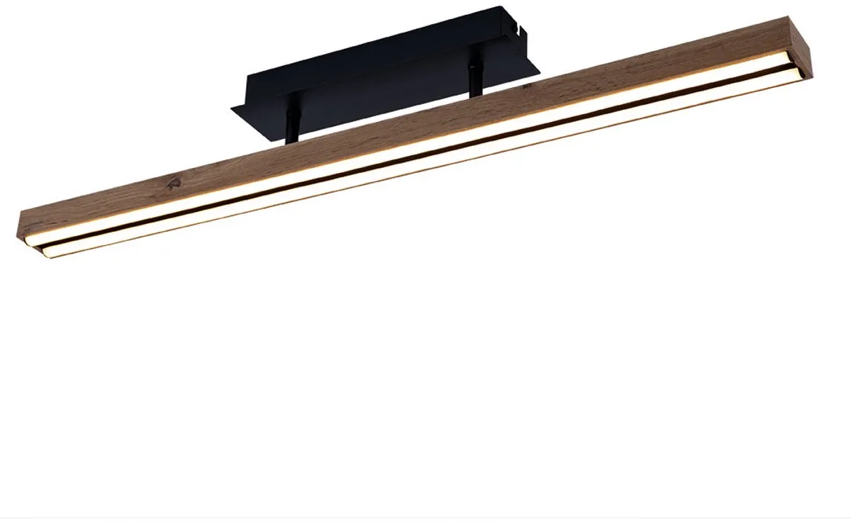 Plafondlamp hout woonkamer LED plafondlamp hout look warm wit hout licht memory functie, metaal MDF naturel zwart, 1x LED 24W 850Lm 3000K, LxBxH 81,5x7,5x14 cm von Globo in Braun – Produktfoto