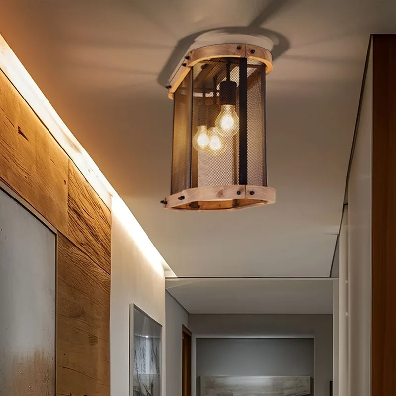 Plafondlamp Houten lamp Woonkamerlamp Eetkamerlamp, 3 vlammen industrieel, metaal hout donkerbruin, E27 fitting, LxBxH 45x20x38cm fra Globo i Sort – produktbillede