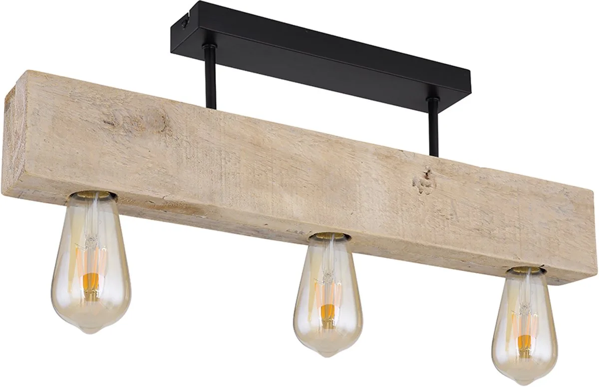 Plafondlamp Houten lamp Woonkamerlamp Vintage plafondlampen Houten lamp 3 vlammen, metaal hout naturel zwart, 3x E27 fitting, HxLxB 19x60x6 cm by Globo in Brown – product photo