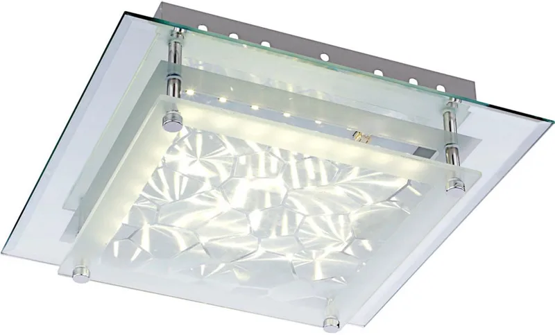 Plafondlamp kristallamp plafondlamp glazen lamp woonkamerverlichting, kristal patroon glas gesatineerd chroom, 1x LED 12 watt 960 lumen neutraal wit, HxLxB 6x28x28cm von Globo in Duidelijk – Produktfoto