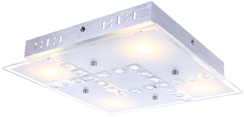 Plafondlamp kristallen woonkamerlamp plafondlamp glas, aluminium, 4x LED 5W 400Lm warm wit, LxBxH 32x32x6,5 cm von Globo in Silber – Produktfoto