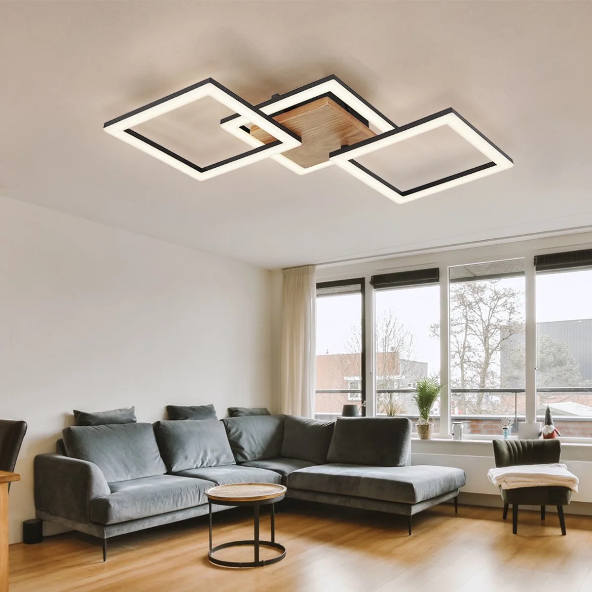 Plafondlamp LED plafondlamp hout draaibaar woonkamerlamp plafond zwart, metaal opaal, 30W 2200Lm warm wit, LxBxH 66x31x7,5 cm de Globo en Marron – photo produit