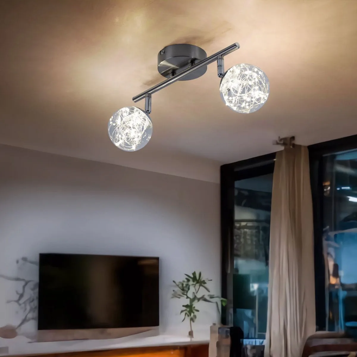 Plafondlamp LED plafondspot LED 2 vlammen plafondlamp twee spots, draaibare glazen bollen met feeërieke lichtjes, 2x LED 3,5W 350Lm warm wit, L 30 cm von Globo in Silber – Produktfoto