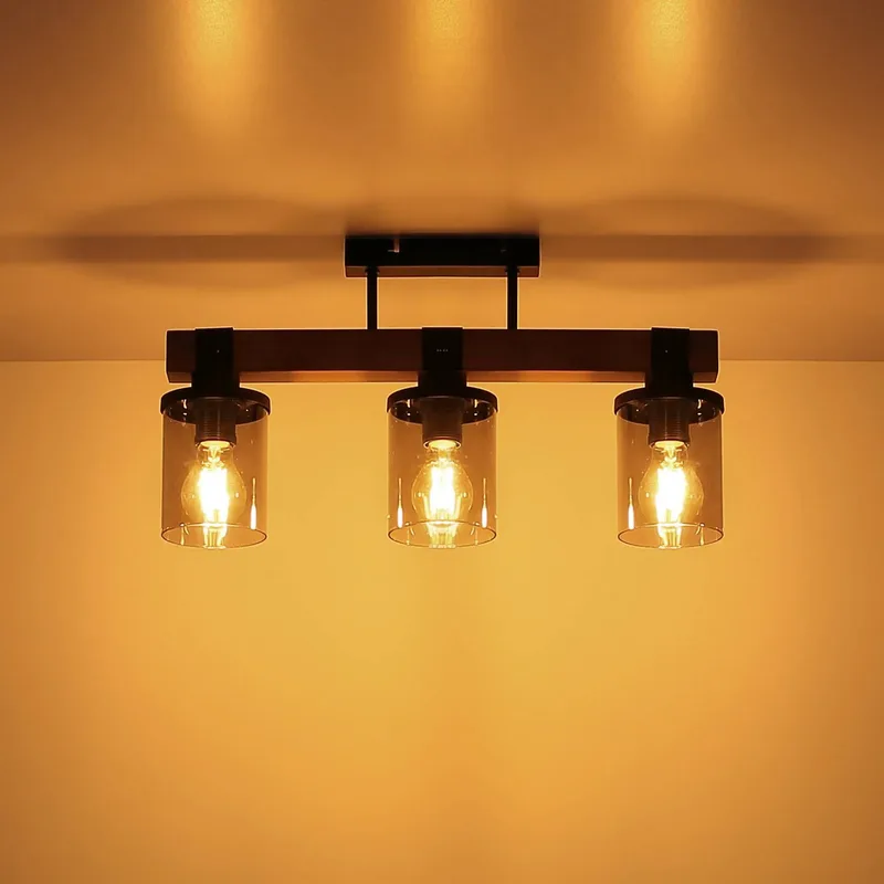 Plafondlamp Lila met houten balk, 3-lamps van Globo in Donkerbruin, Rookgrijs getint, Zwart – productfoto