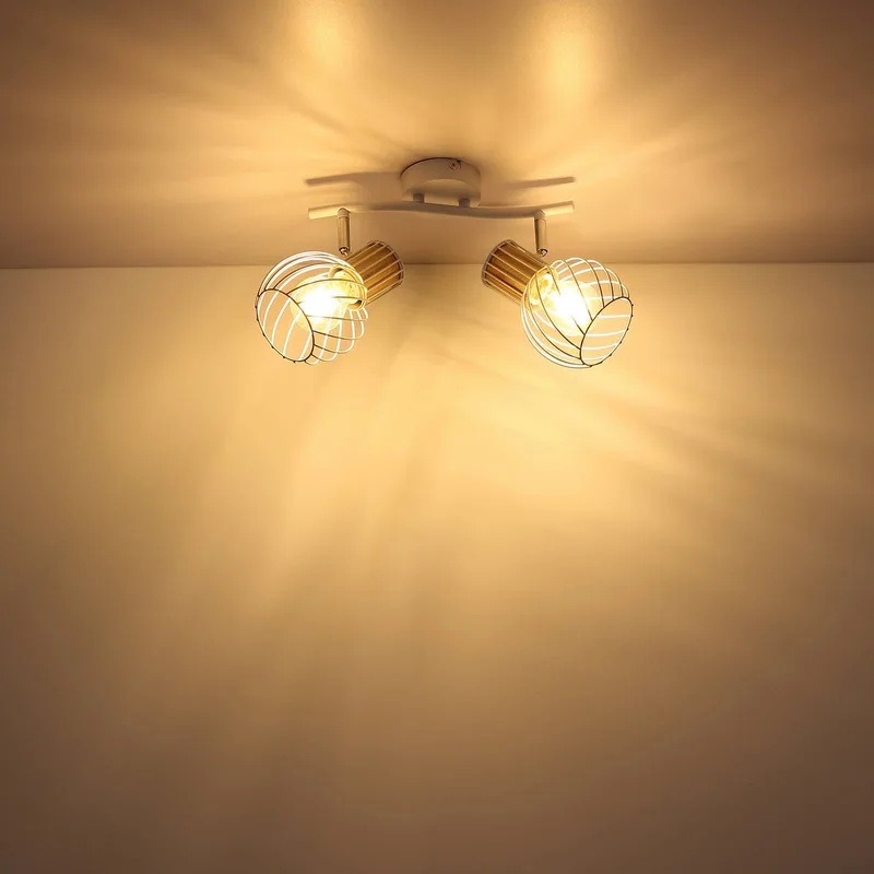Plafondlamp Luise in wit en houtoptiek, 2-lamps de Globo en Blanc, Licht hout – photo produit