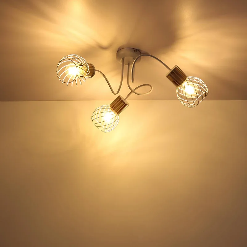 Plafondlamp Luise in wit en houtoptiek, 3-lamps de Globo en Blanc, Licht hout – photo produit