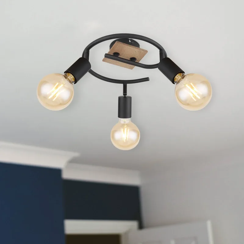 Martha loftlampe med træ spiral, 3 lyskilder fra Globo i Sort, Brun – produktbillede