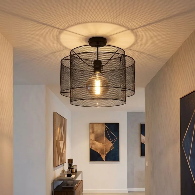 Plafondlamp metalen plafondlamp rond eetkamer kooilamp verlichting in rastervorm, fitting 1x E27, DxH 40x35 cm by Globo in Black – product photo