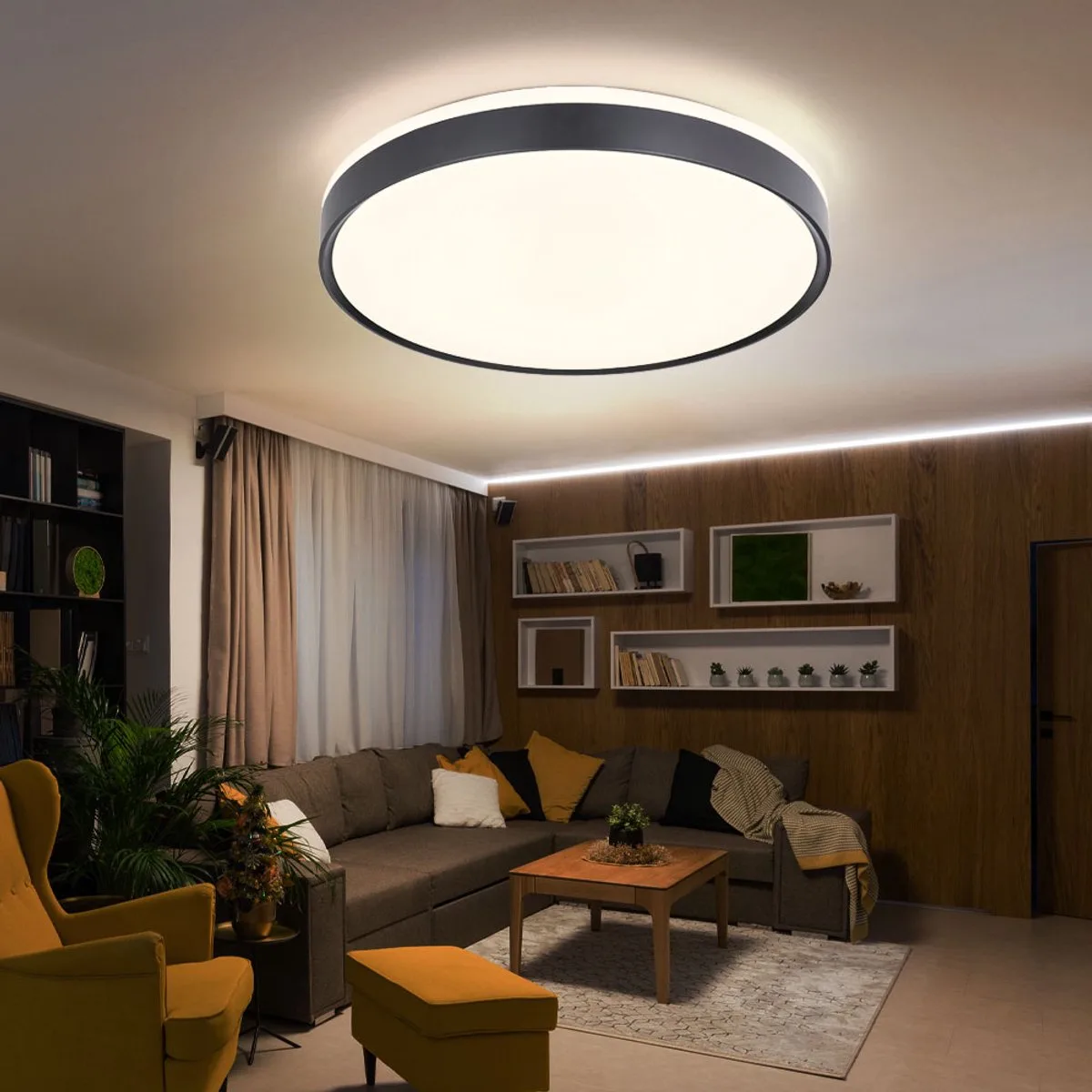 Plafondlamp plafondlamp eetkamerverlichting woonkamer met afstandsbediening en backlight CCT, metaal wit opaal, 1x LED 18 Watt 1100 Lumen 2700K-6500K, DxH 39x8 cm van Globo in Zwart – productfoto
