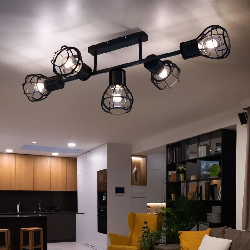 Plafondlamp plafondlamp spot eetkamer kooilook 5 vlammen plafondlampen, metaal 5x E27 fitting, LxBxH 90x37x30 cm de Globo en Noir – photo produit