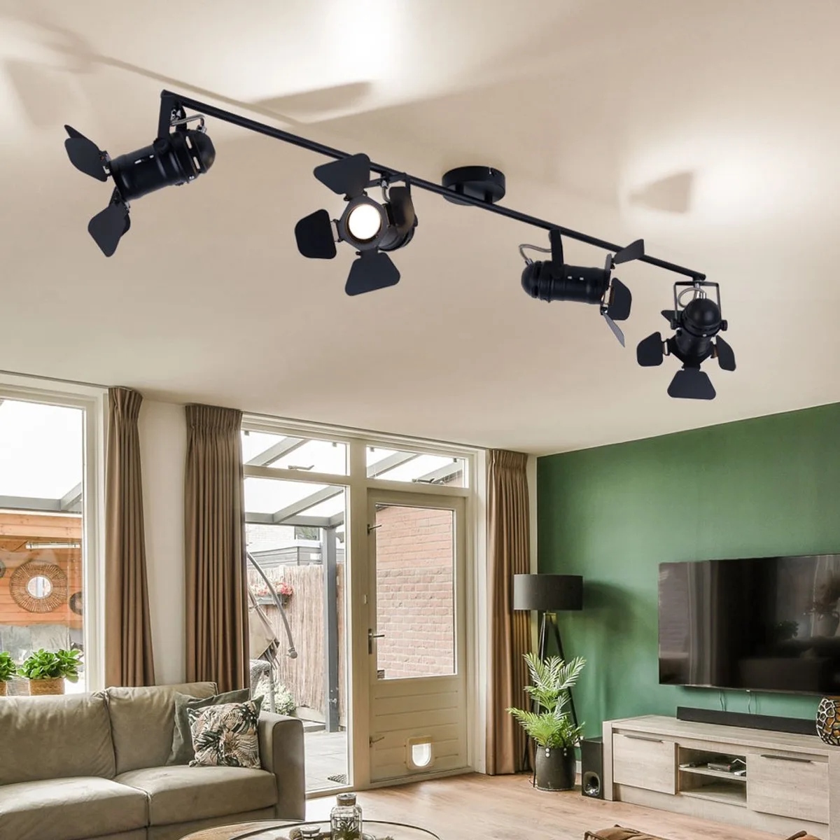 Plafondlamp Plafondspot Eetkamerspot met verstelbare filmspots, metaal 4x GU10 fitting, LED 4,5W 400Lm 3000K warm wit, L 125 cm by Globo in Black – product photo