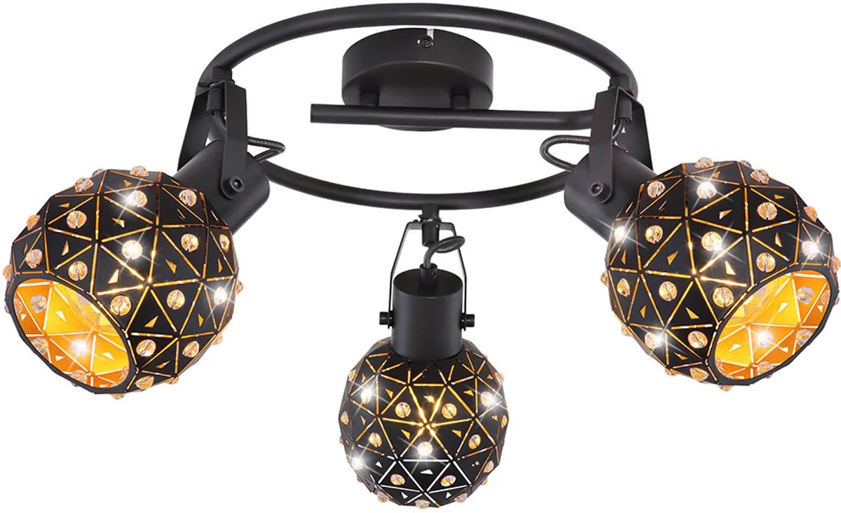Plafondlamp Plafondspot Keukenlamp Woonkamerlamp Kristaloptische beweegbare spots 3 vlammen, metaal zwartgoud, 3 x E27, H 29 cm von Globo in Schwarz – Produktfoto