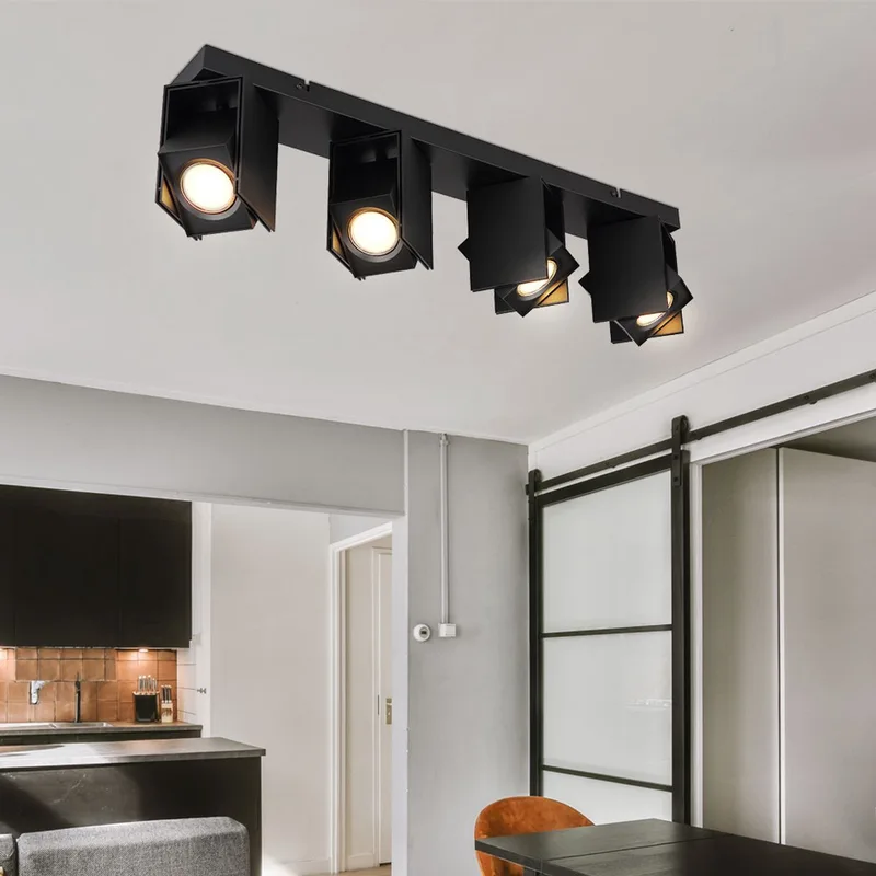 Plafondlamp Plafondspot Plafondspots 4 vlammen Woonkamerlamp met verstelbare spots, metaal, 4x GU10 fitting, LxBxH 61,2x8,4x15,7 cm de Globo en Noir – photo produit