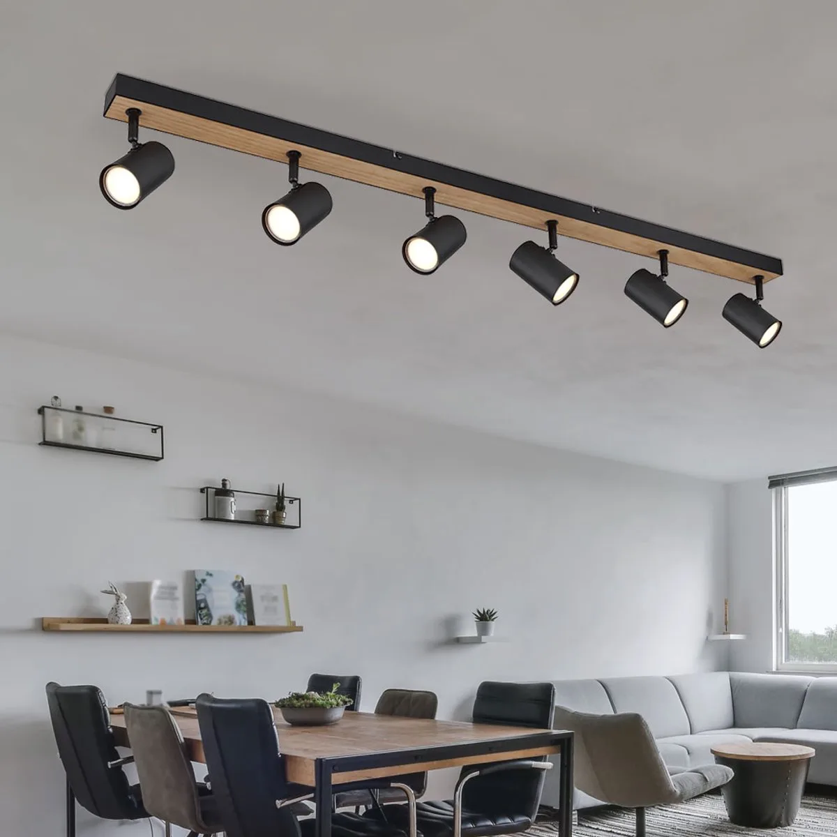 Plafondlamp Plafondspot spotlijst 6 vlammen, MDF hout look Scandinavisch, 6x GU10 stopcontact, LxBxH 115x6x13.5cm de Globo en Noir – photo produit