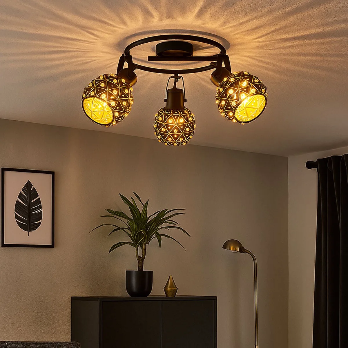 Plafondlamp Plafondspot Woonkamerlamp Keukenlamp Kristaloptiek beweegbare spots 3 vlammen, metaal zwartgoud, 3 x E27, H 29 cm fra Globo i Sort – produktbillede