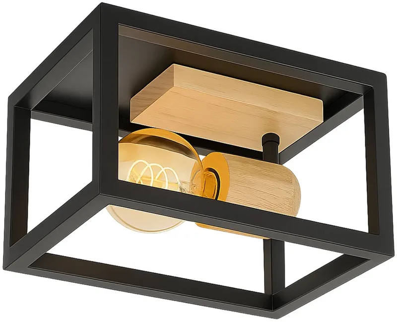Plafondlamp Retro houten lamp frame Plafondspot verstelbaar, metaal naturel kleur 1x E27, HxLxB 14,5x22x22 cm fra Globo i Sort – produktbillede
