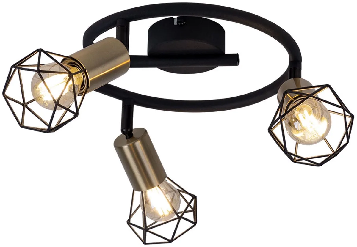 Plafondlamp retro industriële plafondlamp 3 vlammen verstelbare spot, metalen rooster messing, 3x E14 stopcontacten, DxH 23x18 cm de Globo en Noir – photo produit