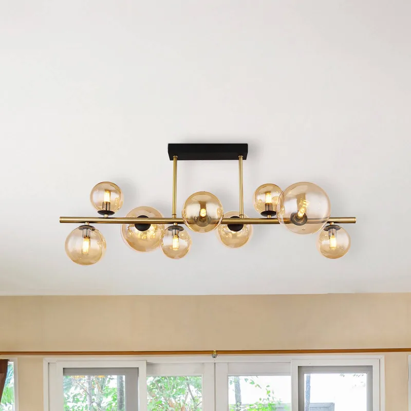 Plafondlamp Riha, lengte 87 cm, amber/messingkleurig, 9-lamps. de Globo en Amber, Laiton, Noir – photo produit