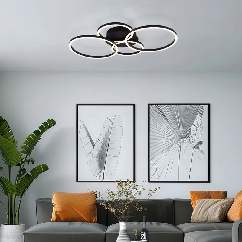 Plafondlamp Ringlamp Binnenlamp vier ringen design, mat opaal, metaal, LED, LxBxH: 65,5x40,6x7,5 cm de Globo en Noir – photo produit