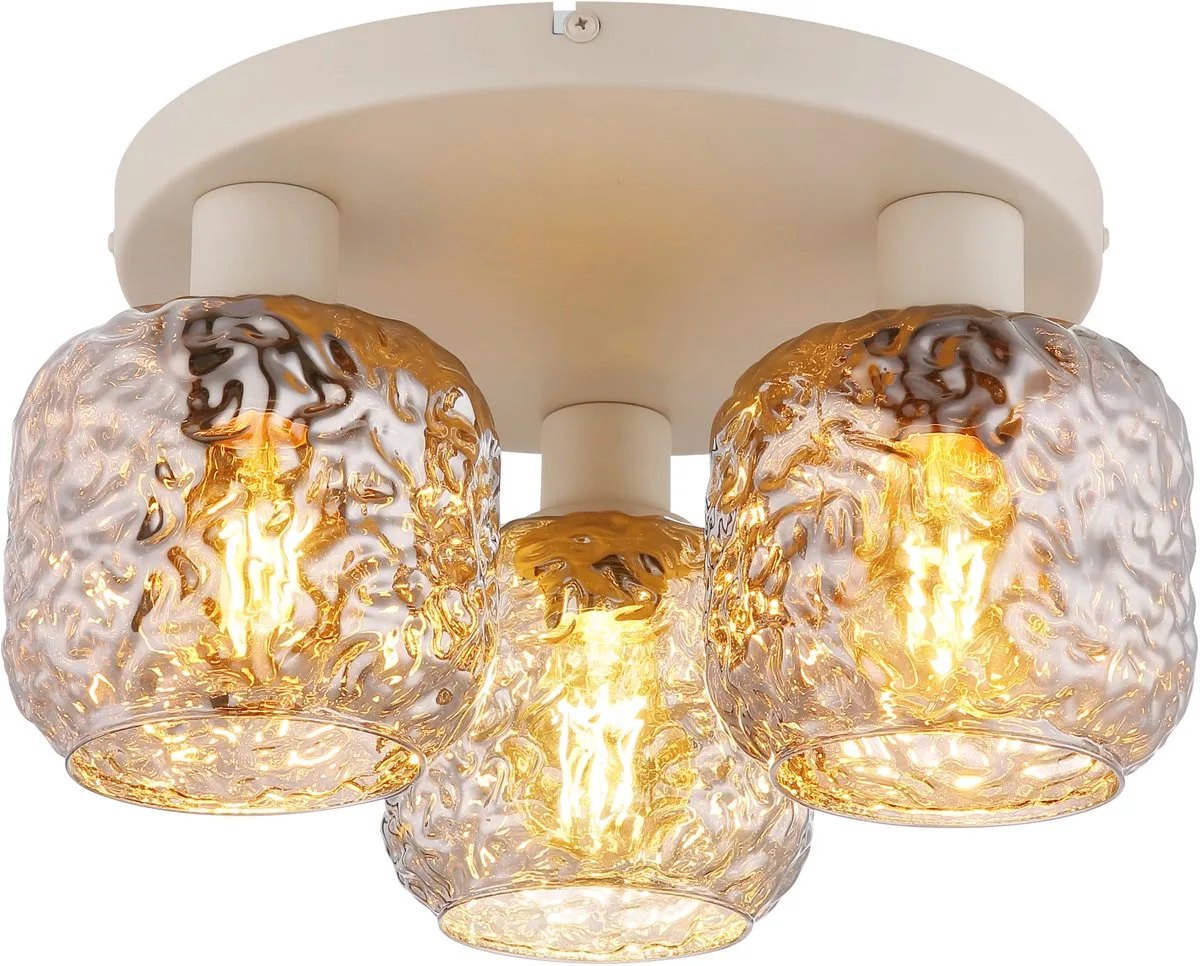 Plafondlamp rookglas 3-vlam modern design licht dent-look, metaal, 3x E27 fitting, DxH 37 x 19 cm fra Globo i Beige – produktbillede