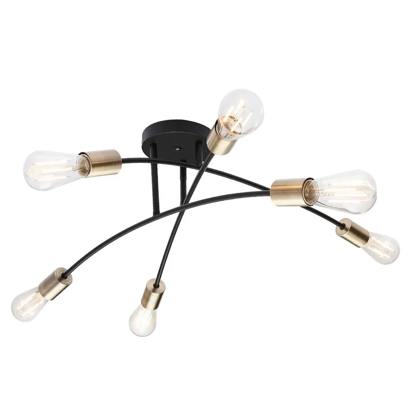 Plafondlamp Sarini, metaal, met zes lampjes by Globo in Black, Antiek messing – product photo