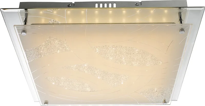 Plafondlamp slaapkamer lamp licht woonkamer lamp glas licht eetkamer, chroom glas gesatineerd decor hoekig, 1x LED 20W 1200Lm 3000K, HxLxB 8x43x43 cm fra Globo i Sølv – produktbillede