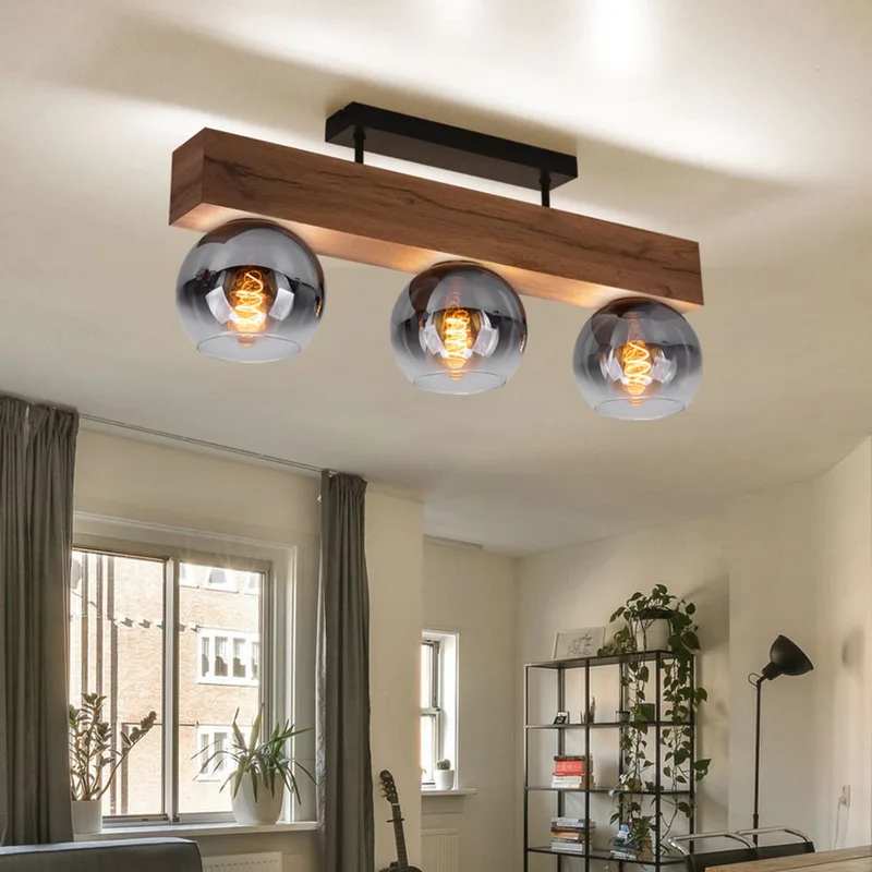Plafondlamp slaapkamerlamp plafondspot houtlook 3-lichts plafondlamp, rookglas, metaal MDF, 3x E27 fitting, LxH 65 x 28 cm de Globo en Marron – photo produit
