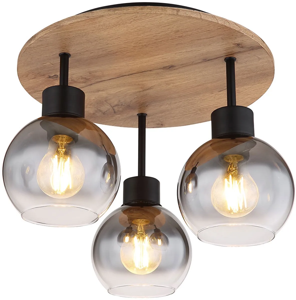 Plafondlamp Slaapkamerlamp Plafondspot Kap van houteffectglas 3-lichts plafondlamp, metaal MDF, 3x E27 fitting, DxH 38x30 cm de Globo en Marron – photo produit